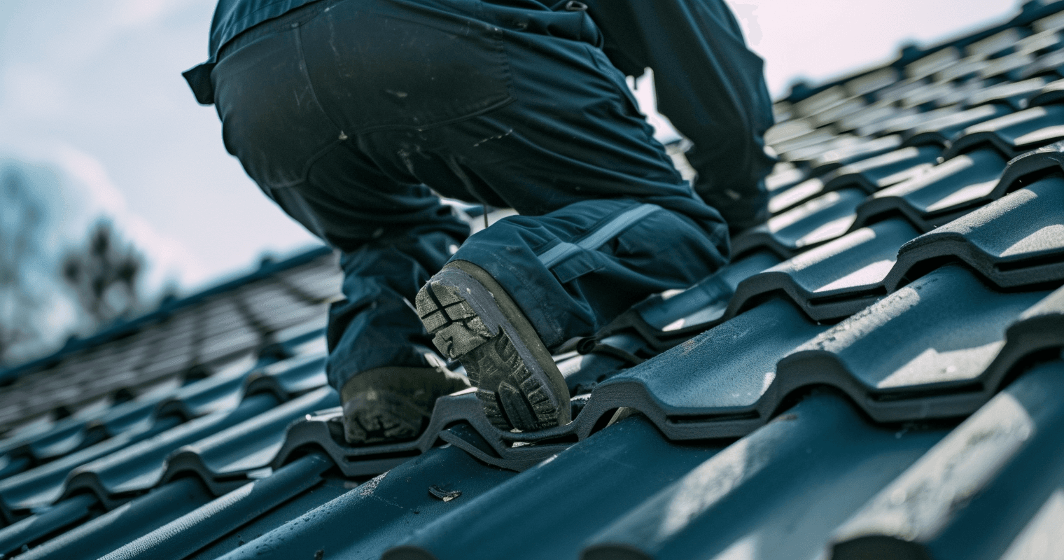 Vakman loopt in werkschoenen over een pannendak voor onderhoud