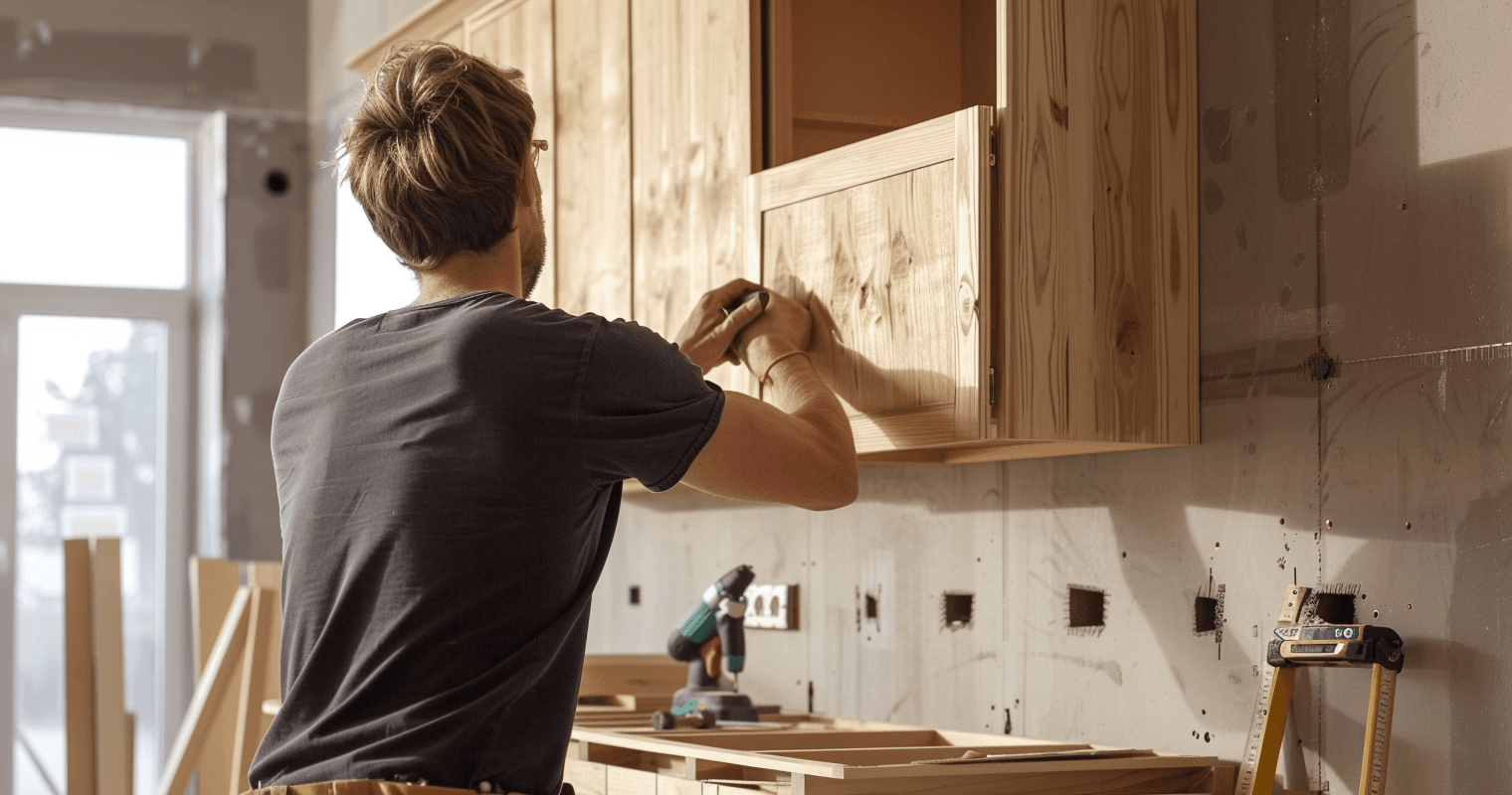 Timmerman hangt een houten keukenkastje op maat op