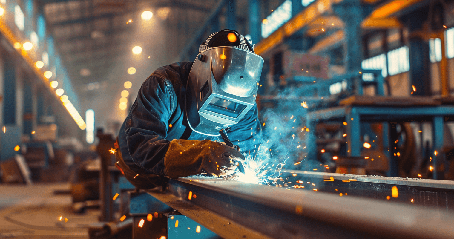 Lasser met laskap last een stalen balk in een fabriekshal