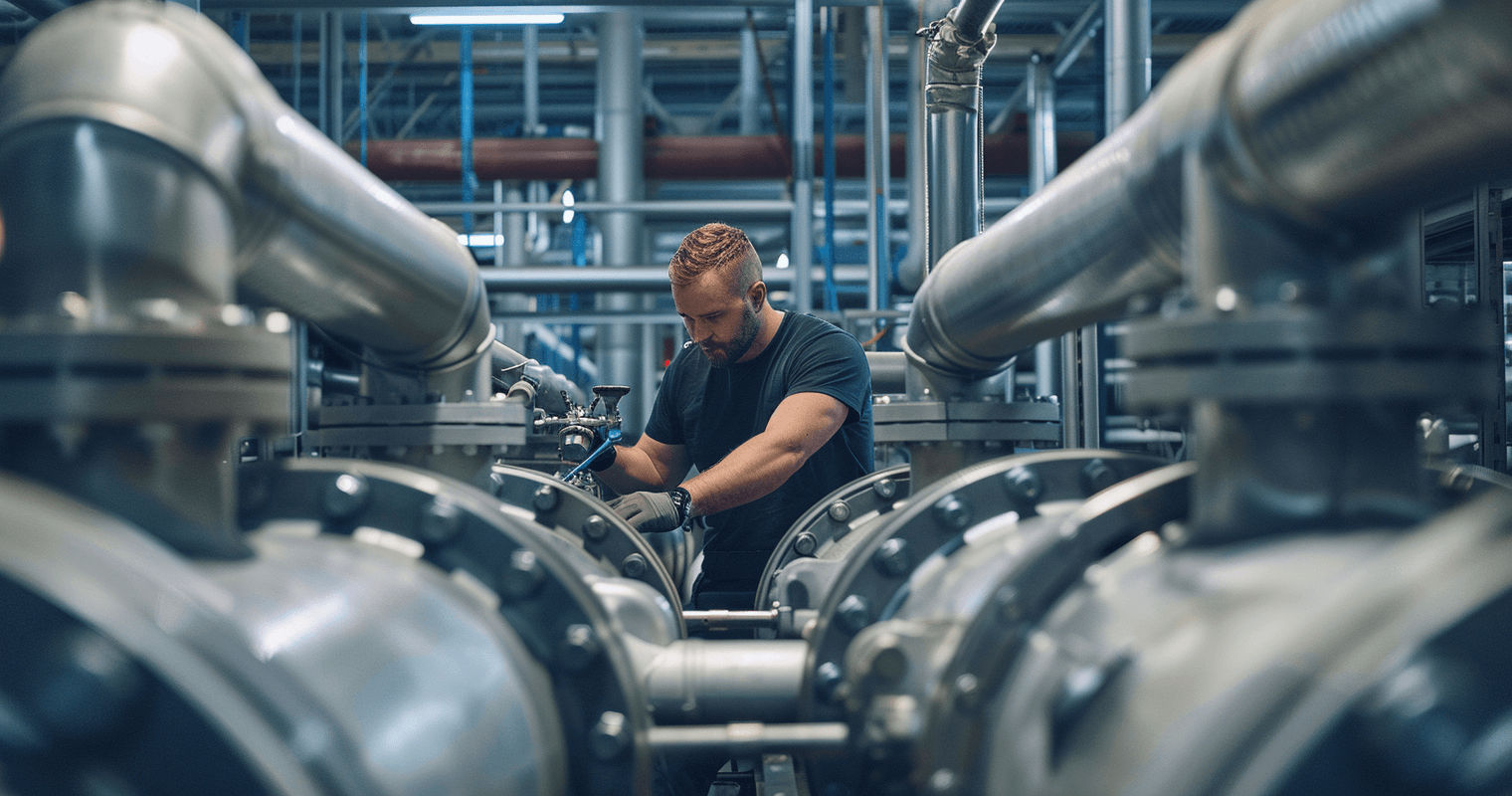 Monteur werkt aan leidingen en afsluiters in een industriële installatie