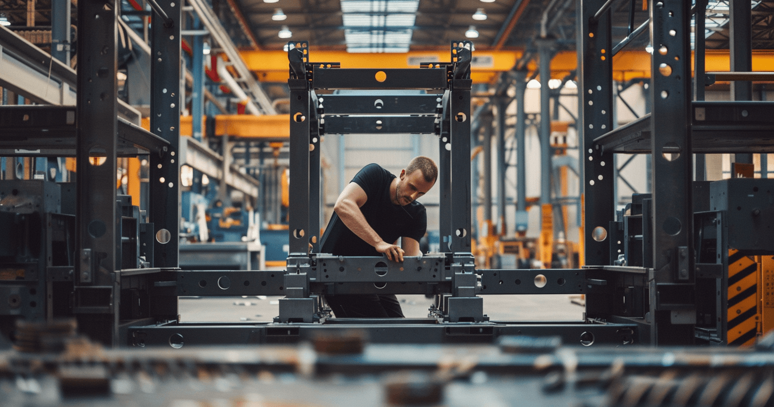 Monteur bouwt een stalen frame op in een productiehal