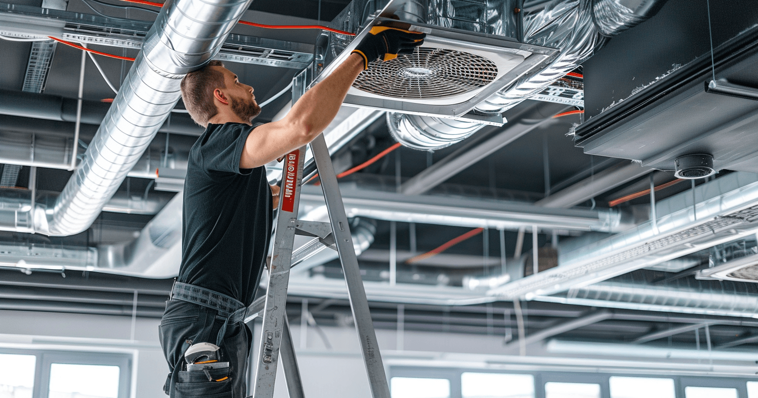Monteur op een trap onderhoudt een ventilatierooster in een plafond