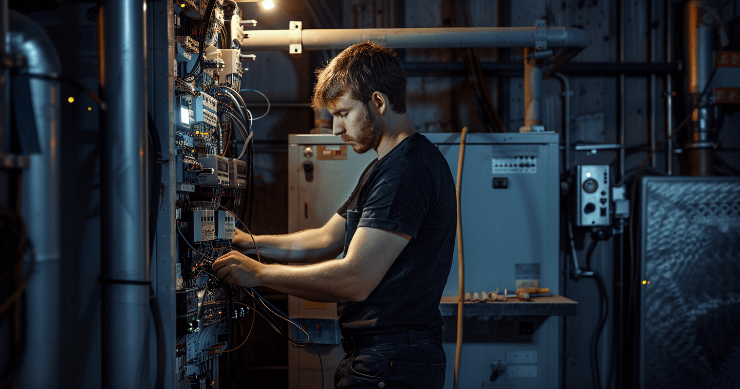 Monteur werkt aan een schakelkast in een donkere technische ruimte