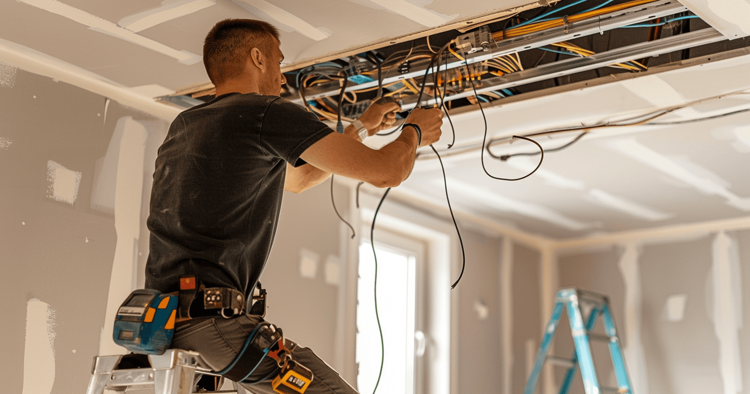 Elektromonteur aan het werk in woning bij installatie van elektra en bekabeling